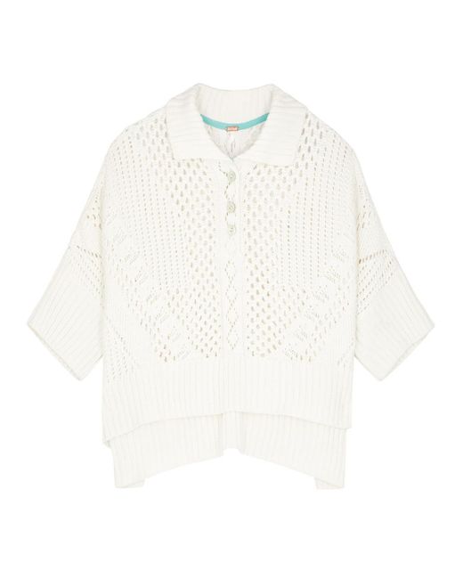 Free People White To The Point Pointelle-Knit Polo Top