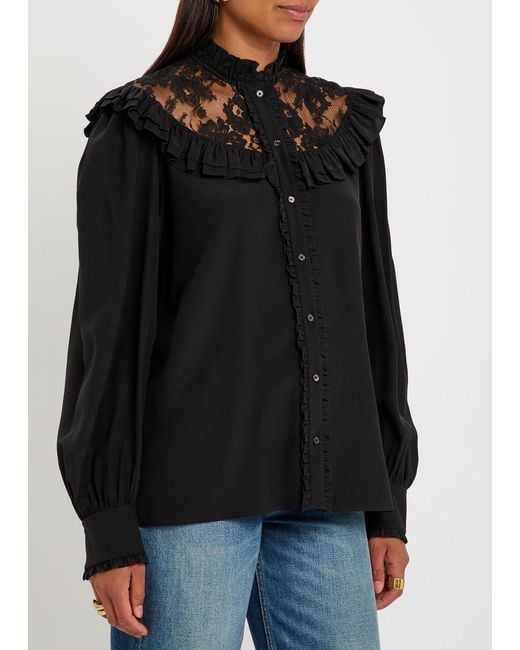 Chloé Black Ruffled Lace-Trim Silk Blouse