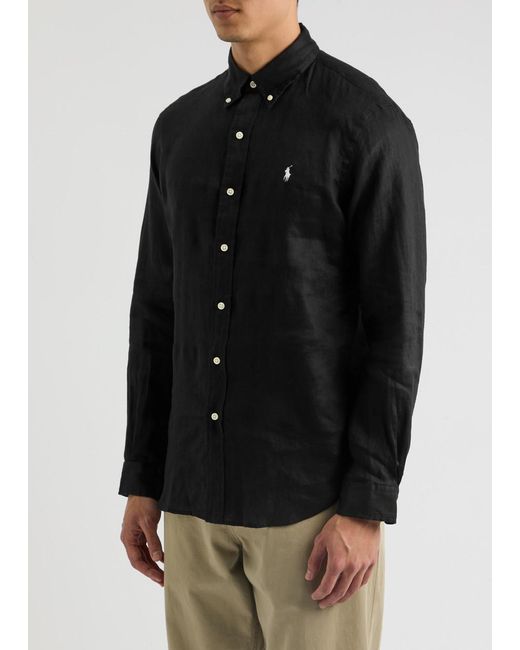 Polo Ralph Lauren Black Logo-Embroidered Linen Oxford Shirt for men