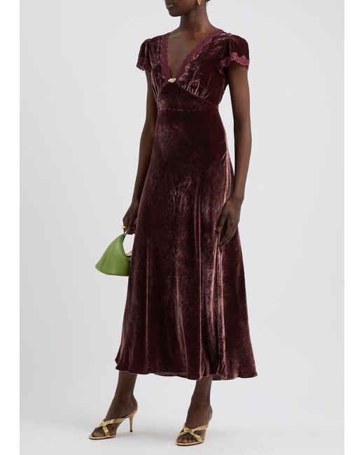 Rixo Purple Clarice Lace-Trimmed Velvet Midi Dress