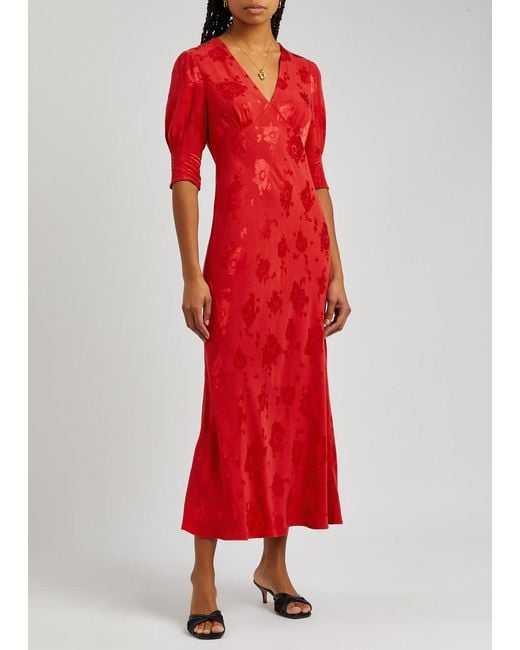 Rixo Red Camellia Butterfly Print Maxi Dress