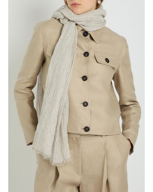 Brunello Cucinelli White Striped Metallic Linen-Blend Scarf