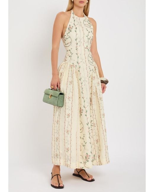 Agua Bendita Natural Balsa Floral-Embroidered Linen Maxi Dress