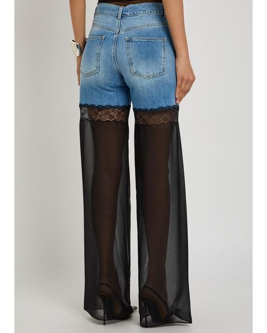 Nensi Dojaka Blue Panelled Lace-Trim Wide-Leg Jeans