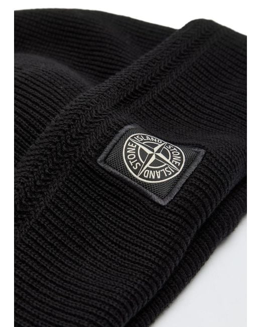 Stone Island Black Compass Logo-Appliquéd Ribbed Cotton-Knit Beanie for men