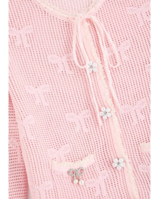 Self-Portrait Pink Bow Open-Knit Cardigan
