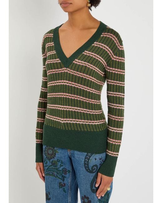 Etro Green Striped Knit Designer V-Neck Jumper Uk10