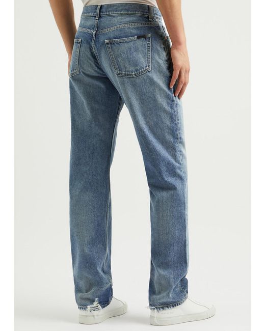 Saint Laurent Blue Distressed Straight-Leg Jeans for men