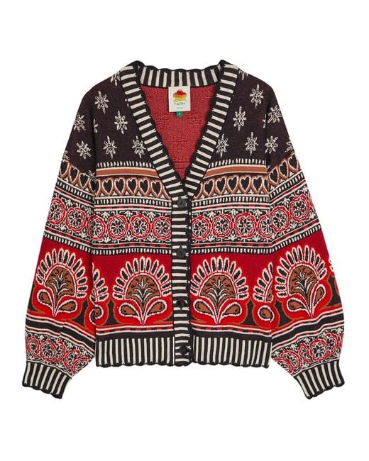 Farm Rio Red Ainika Groove Patterned Cotton Cardigan