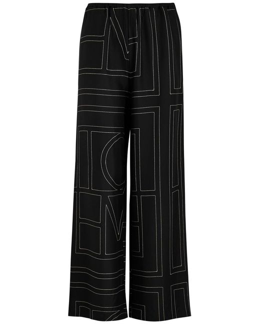 Totême  Black Logo-Embroidered Silk-Satin Trousers