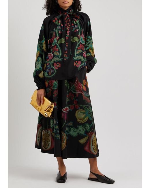 LaDoubleJ Black Floral-print Faille Midi Skirt