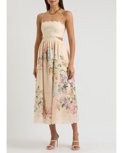 Zimmermann Natural Halliday Floral-Print Linen Midi Dress