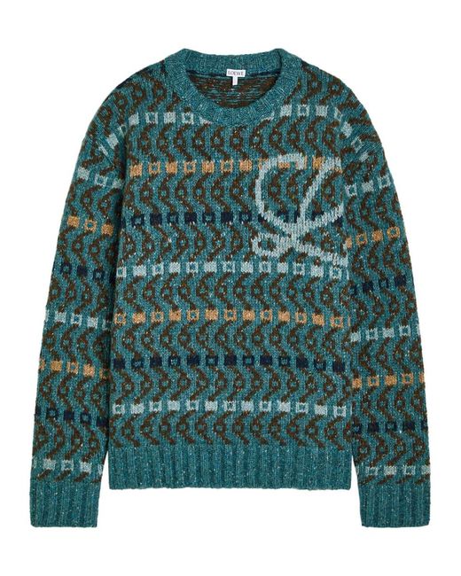 Loewe Green Logo Patterned Wool-Blend Jumper for men