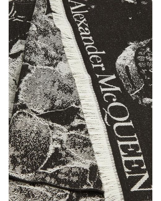 Alexander McQueen Black Flower Bloom Wool Scarf