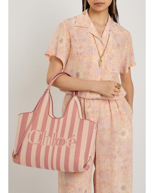 Chloé Pink Stripy East-West Canvas Tote Bag