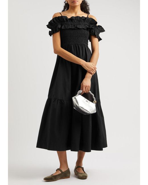 Ganni Black Ruffled Cotton-Poplin Midi Dress