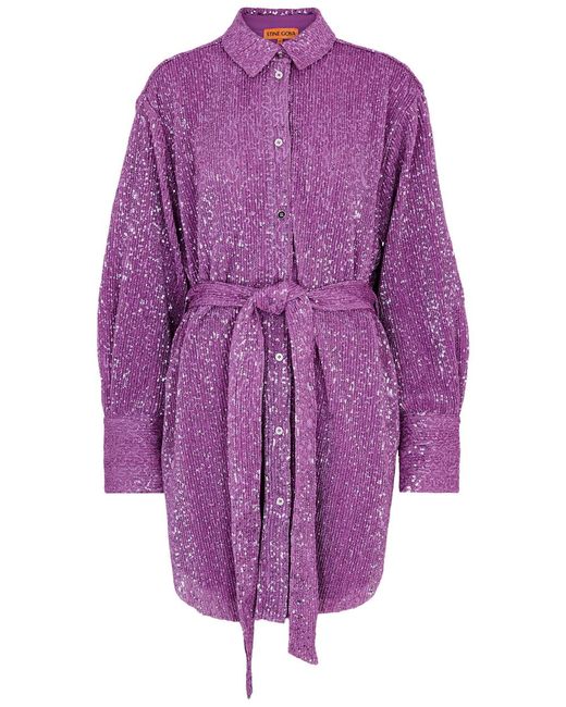 Stine Goya Purple Isolde Embellished Metallic-knit Shirt Dress