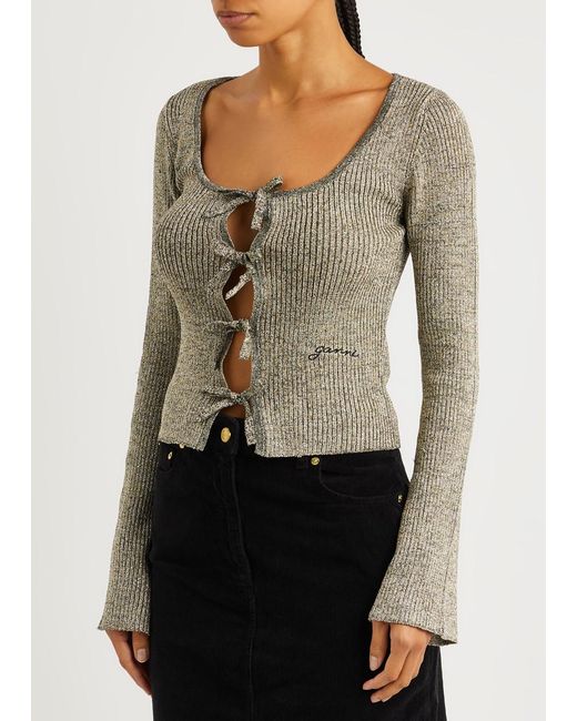 Ganni Gray Glittered Ribbed-knit Top