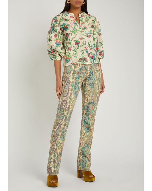 Etro Green Floral-Print Cotton-Poplin Top
