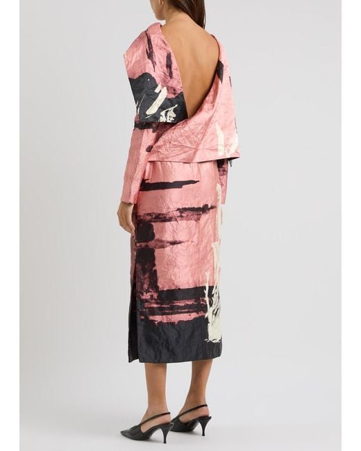 Erdem Pink Printed Cape-Effect Satin Midi Dress