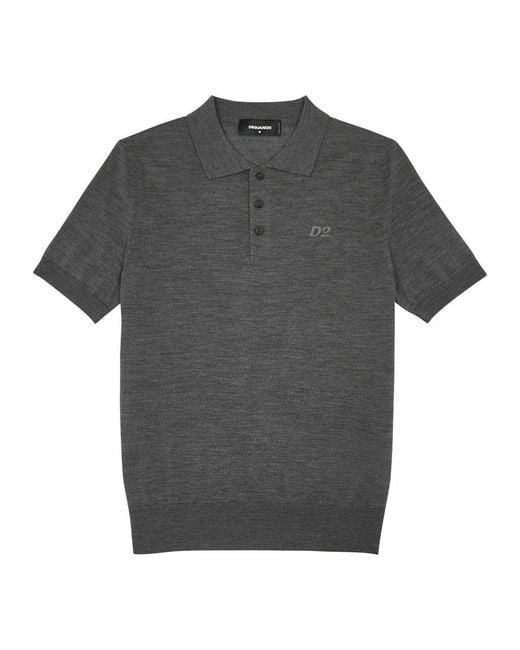 DSquared² Gray Logo-Embroidered Wool Polo Shirt for men
