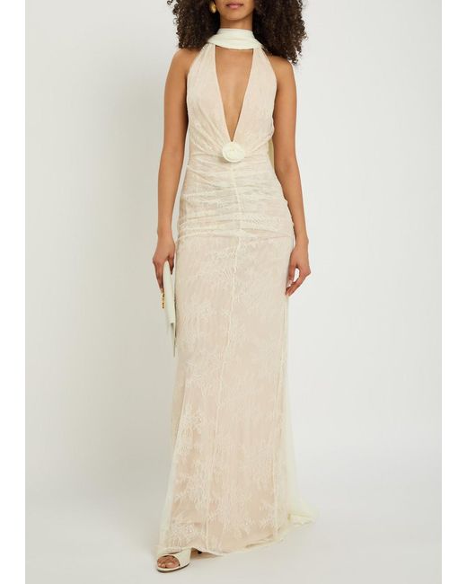 De La Vali White Amora Scarf-Effect Lace Gown