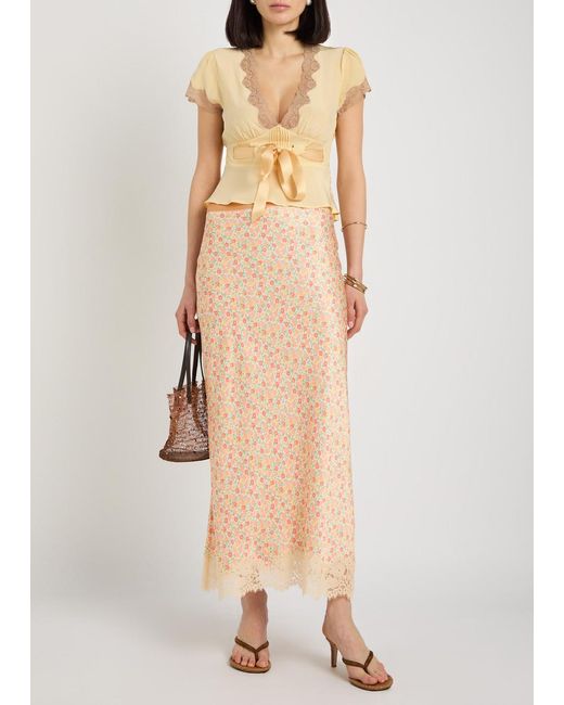 Rixo Natural Matilde Floral-Print Satin Midi Skirt