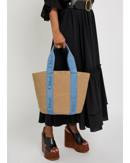 Chloé Blue Woody Logo-Embroidered Raffia Basket Bag