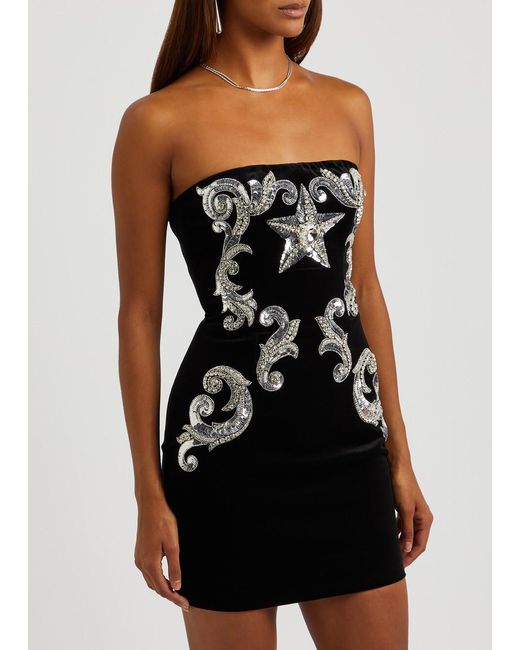 Balmain Black Crystal-embellished Strapless Velvet Mini Dress