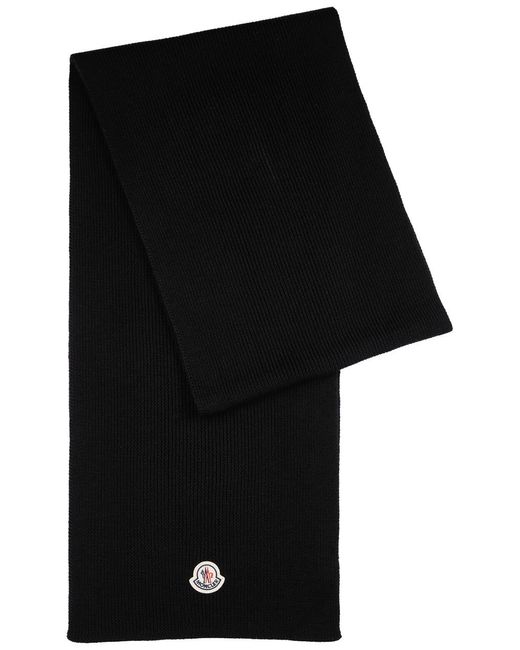 Moncler Black Logo Ribbed Wool Scarf for men