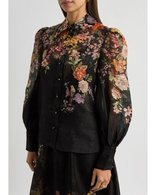 Zimmermann Black Pavilion Floral-Print Linen-Blend Blouse