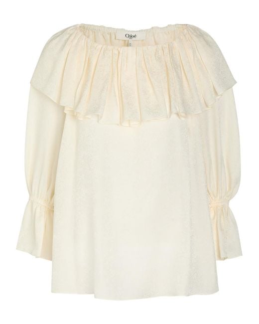 Chloé Natural Floral Jacquard Ruffled Silk Blouse