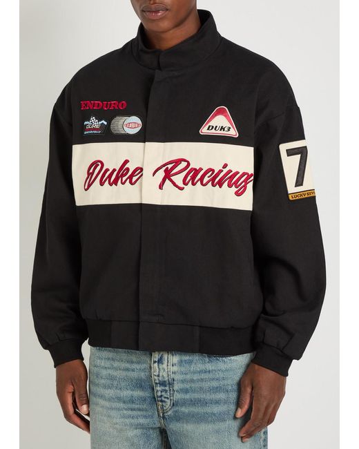 Duke & Dexter Black Racing Patchwork Appliqués Cotton Varsity Jacket for men
