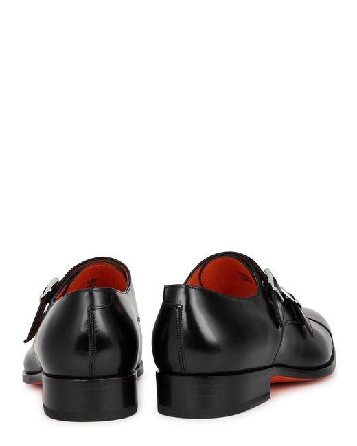 Santoni Black Glossed Leather Monk-Strap Shoes for men