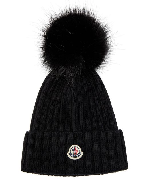 Moncler Black Ribbed Wool Bobble Hat