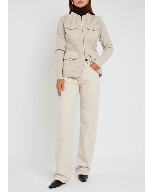 Moncler Natural Logo Ribbed Wool And Shell Cardigan