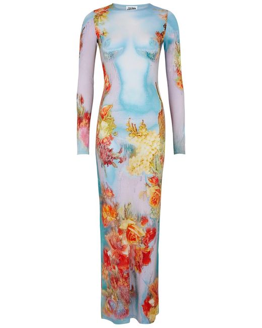 Jean Paul Gaultier Blue Body Flowers Stretch-Jersey Maxi Dress
