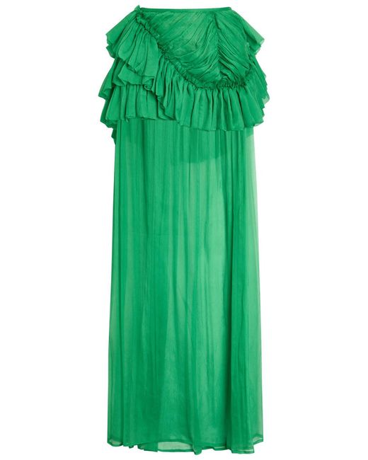Dries Van Noten Green Shelby Frilled Silk Maxi Skirt