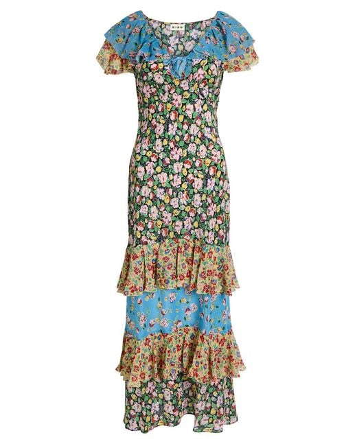 Rixo Blue Benoite Floral Ruffled Silk Midi Dress