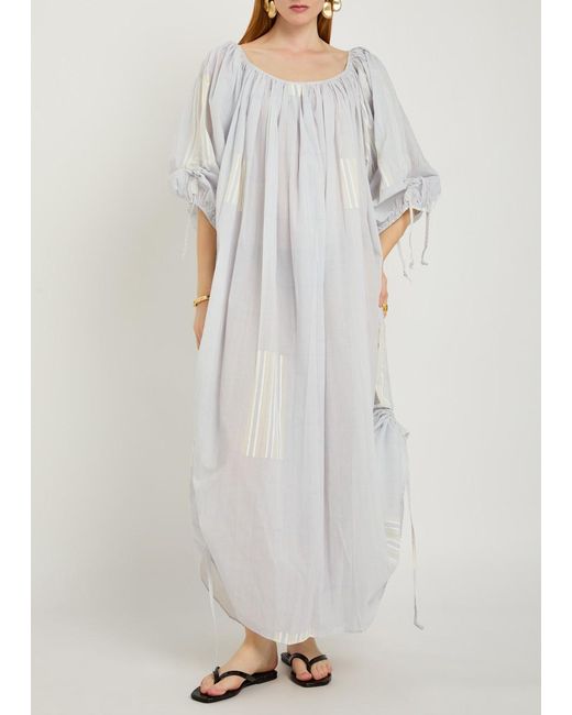 Thierry Colson White Athenais Striped Ruched Cotton Midi Dress