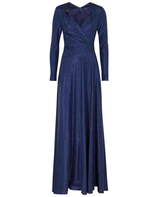 Talbot Runhof Blue Wrap-effect Metallic Gown
