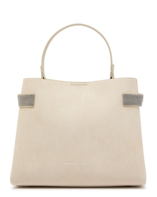 Brunello Cucinelli Natural Stud-Embellished Suede Top Handle Bag