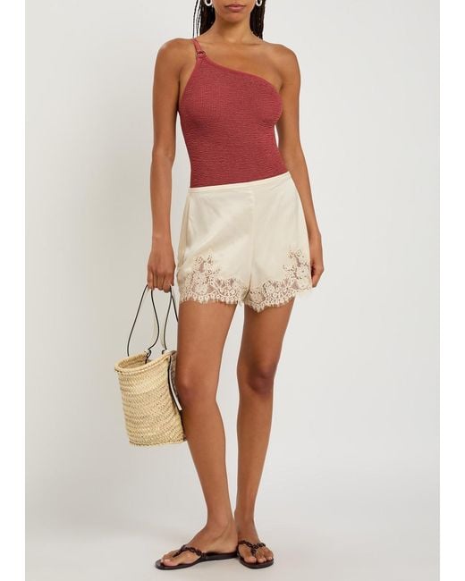 Hunza G Red Clara One-Shoulder Crinkle Swimsuit