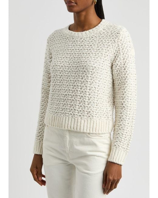 Moncler White Logo Bouclé-Knit Cotton-Blend Jumper