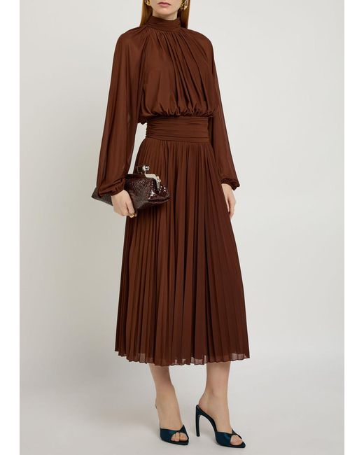 Ronny Kobo Brown Blythe Gathered Stretch-Mesh Midi Dress