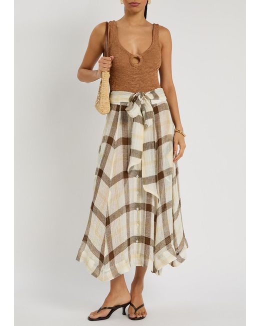 Lisa Marie Fernandez Natural Checked Belted Linen-Blend Midi Skirt