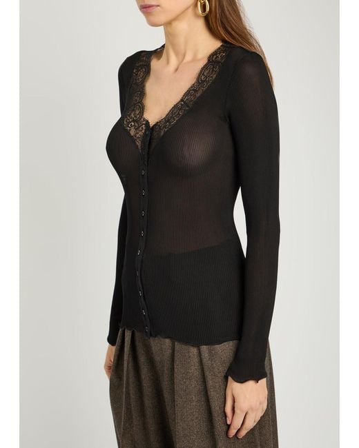 Saint Laurent Black Lace-Trim Ribbed Silk Cardigan