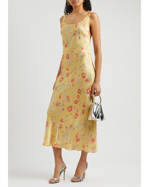 Rixo Metallic Bondi Floral-Print Satin Midi Slip Dress