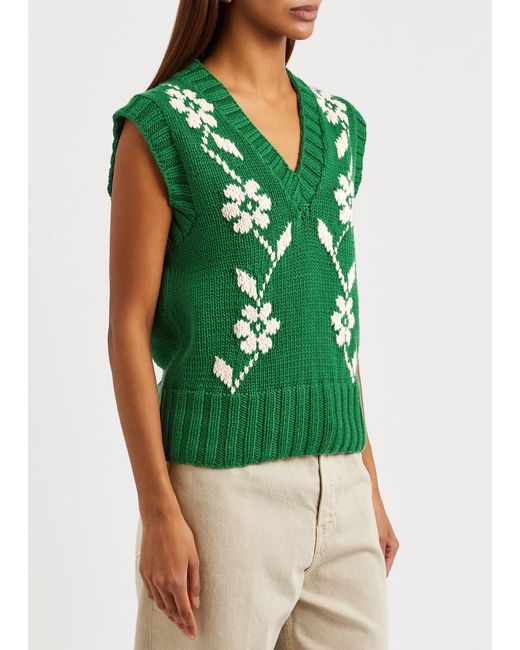 YMC Green Heidi Floral-Intarsia Cotton Vest