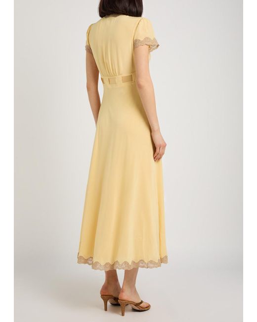 Rixo Metallic Marlice Lace-Trim Silk Midi Dress